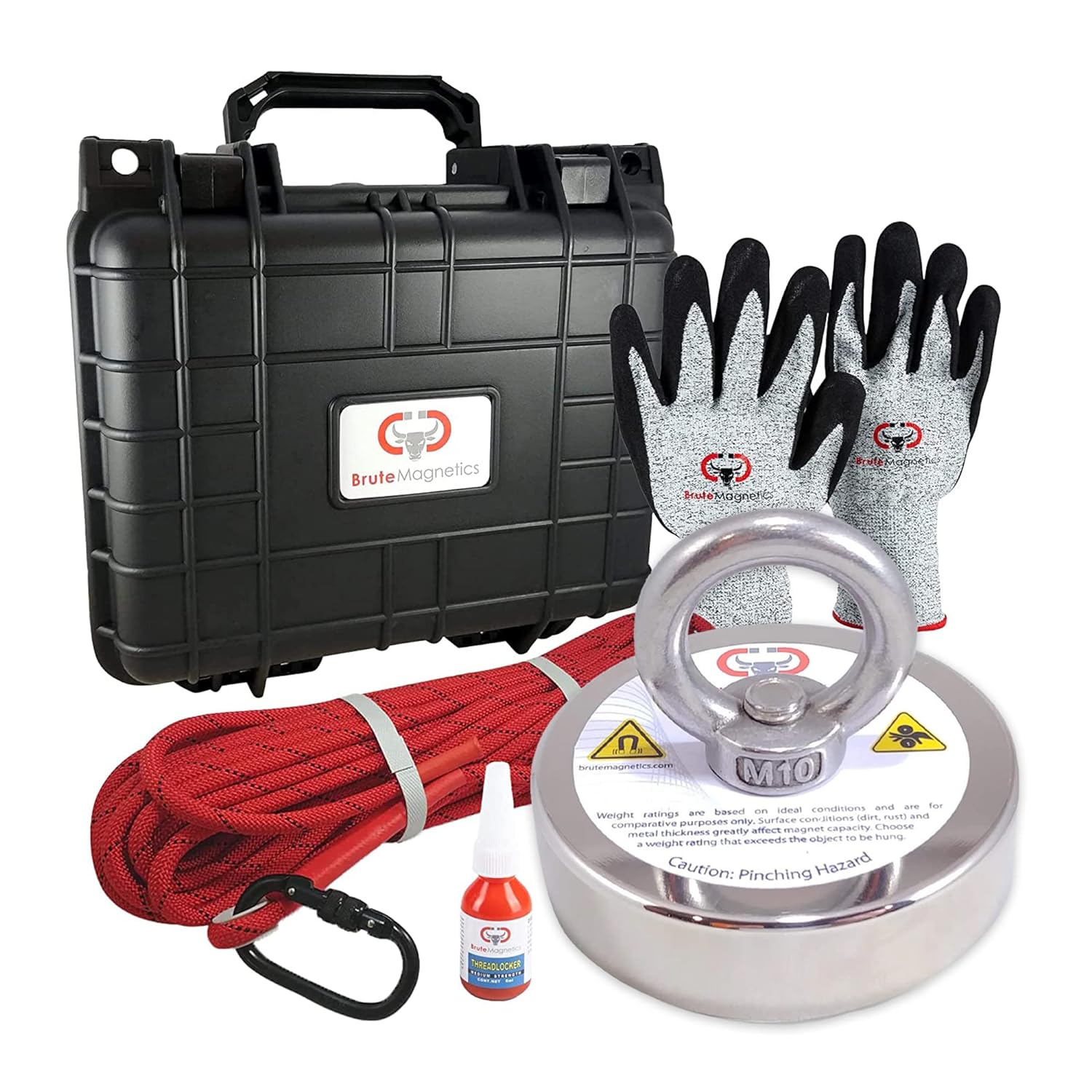 Brute Magnetics 1700 lb Magnet Fishing Kit | Includes Double Sided Rare Earth Neodymium Magnet, Waterproof Carry Case, 65ft Rope with Heavy Duty Carabiner, Gloves, and Threadlocker