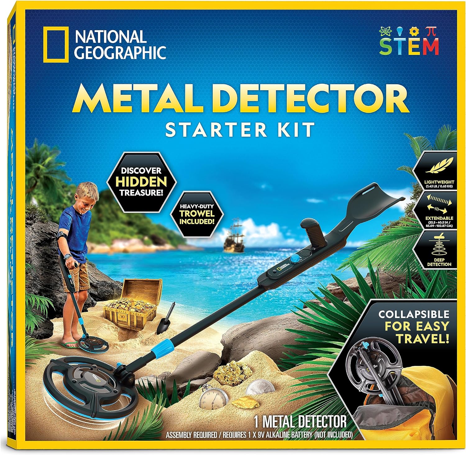 NATIONAL GEOGRAPHIC Starter Metal Detector Kit for Kids - Kids Metal Detector with 7.4 Waterproof Metal Detector Coil Trowel, Lightweight Gold Detector, Beach Metal Detector, Kids Metal Detector