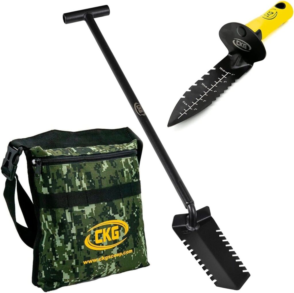 CKG Metal Detecting Shovel Tool, Heavy Duty Double Serrated Edge Digger - Digging Knife for Gardening Trowel Hunting Camping, Planting Treasure Hunting Finds Pouch Bag | 3 PCS